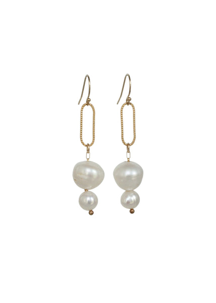 Gold Box Link Drop Earrings with Pearls
