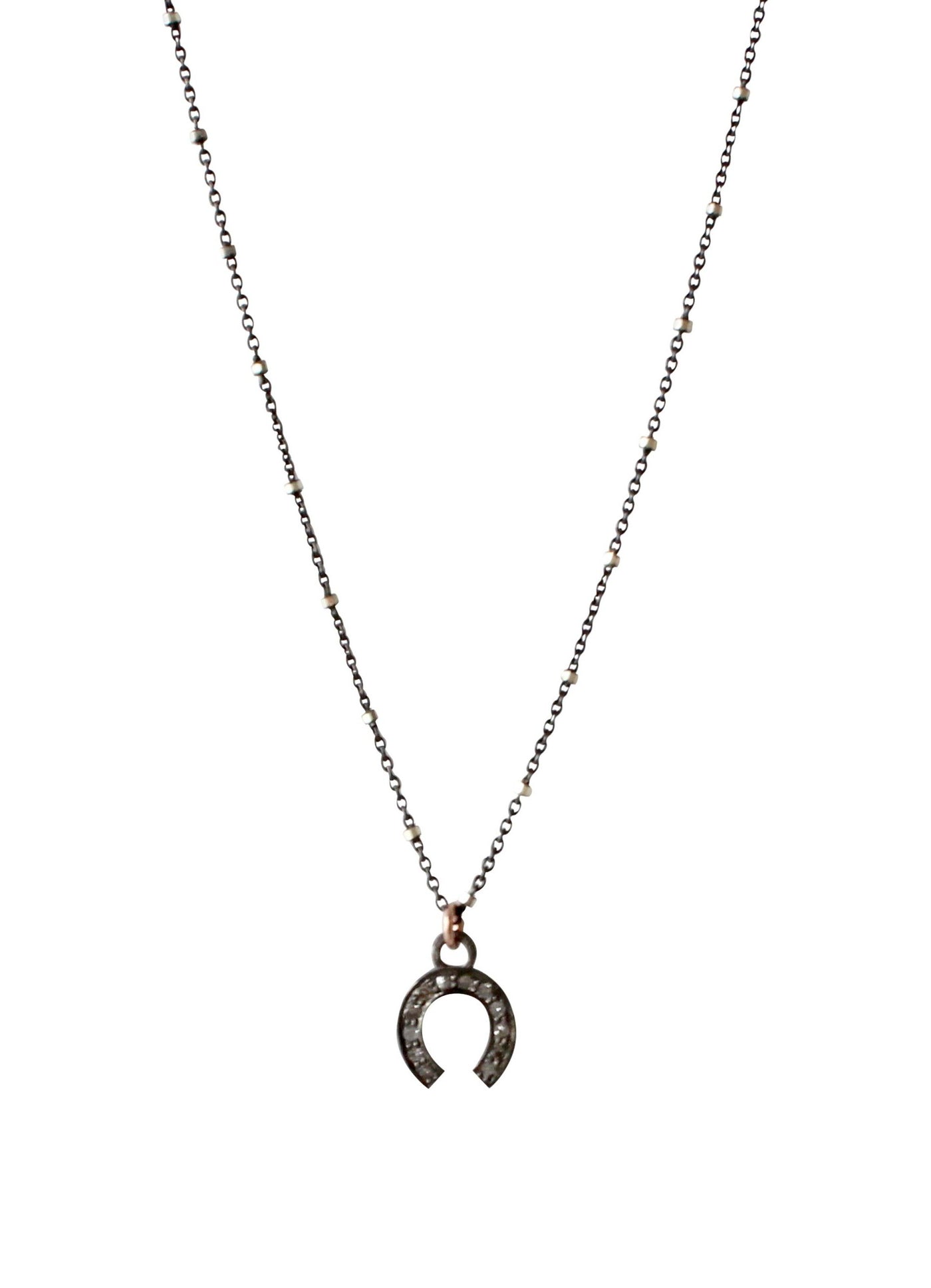 Diamond Horse She Charm | Pave Diamond Horse Shoe Necklace | Rebecca Scott Jewelry | everyday necklace | lucky charm necklace | sparkle charm | feminine style | handmade jewelry | rose gold | oxidized silver 