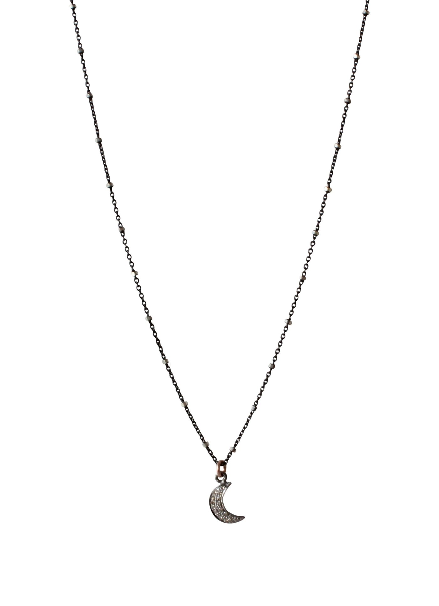 Diamond Crescent Moon Charm | Pave Diamond Moon Necklace | Rebecca Scott Jewelry | everyday necklace | sparkle charm | feminine style | handmade jewelry | rose gold | oxidized silver 