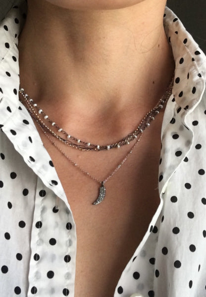 Triple Strand Necklace with Wire Wrapped Gemstones in Seed Pearl | Rebecca Scott Jewelry | Mixed Metal Jewelry | Mulit-Layered Necklace | Layered Necklace | Handmade Jewelry | Made in USA | San Francisco 